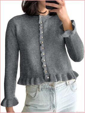 Cropped Cardigan Sweater Ruffle Long Sleeve Button Front Cute Knit Outwear
